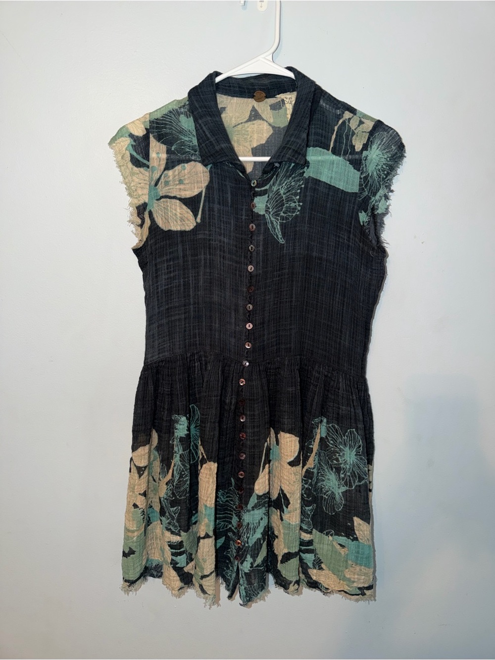 Free People Navy Mini Dress or Tunic with Teal and Beige Floral Print